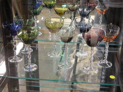 Stemmed colored glassware: Two sets of stemmed colored glassware