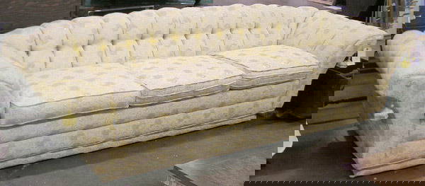 Gold upholstered Art Deco sofa, chair and ottoman: Gold upholstered Art Deco sofa and chair with ottoman