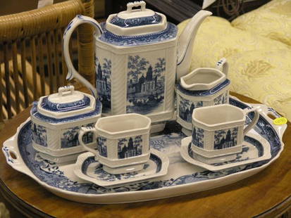 Ironstone tea set in blue and white: Blue and white transferware ironstone eight piece tea set