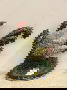 doorstop with rooster and hen: Cast iron polychromed and gilt decorated rooster and hen doorstop