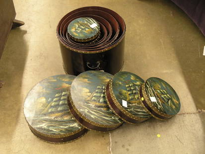 5 wooden round boxes, nautical themed: Set of five graduated round wooden boxes with handpainted nautical scenes