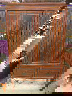 Chinese Ningo Scholar's Chest: Chinese Nigbo cabinet, square form with two doors carved with floral motifs flanked by calligraphy panels 69''h x 19''d x 41''w