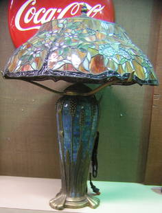 Tiffany style lamp w/bronze base: Tiffany style stained glass lamp with bronze mosaic base