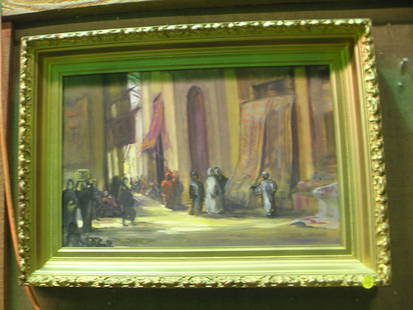 Lydia Vercinski: Persian Rug Scene: Framed oil on board, Persian Rug Market by Lydia Vercinsky (Californian 1918-2001), signed lower right