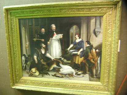 Framed oil, German genre scene: Framed 19th century oil on canvas, depicting a German genre scene 38''h x 45.5''w