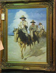 Oil/canvas, Cowboys on Horseback: Large oil on canvas, Cowboys on Horseback, 20th century, 50''H x 40''W
