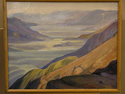 Oil, bay landscape, Californian: Framed oil on canvas, Mountain and Lake Landscape (1933), monogrammed ''PCE'' and dated lower right, image: 20''H x 26''W