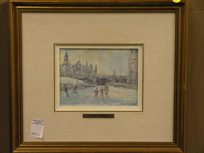 Lithgraph, Skating in Ottawa, T. Doyle: Framed offset lithograph, Skating in Ottawa by Trudy Doyle 15.5''h x 17''w