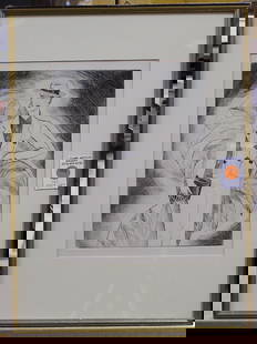 2 framed etchings, 1940s: (lot of two) Framed etchings, depicting woman in evening gown and in suit, 1940s, plate: 10''H x 8''W, frame: 18''H x 13.5''W x .5''D