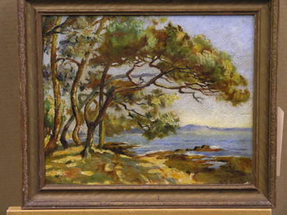 2 framed oils, landscapes, Arriola: (lot of 2) Framed oil on Masonite, Bend of the Road, by Lucy Arriola, signed on reverse; Framed oil on artistboard, California Coastal, signed indistinctly lower right