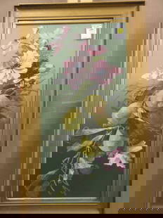 2 framed oils, still lifes: Two framed oils on metal, floral and fruit still-life, 27.5''h x 16''w