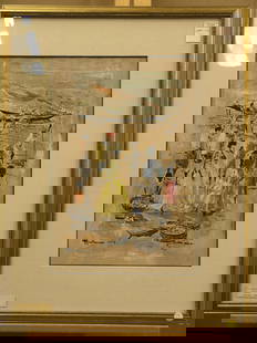 Framed gouache, Fishing, J. Guillaume: Framed gouache on paper, Bahia-Fishing Scene (1939), by J. Guillaume, signed lower left, image size approximately 13'' x 19'', frame size approximately 28'' x 22''