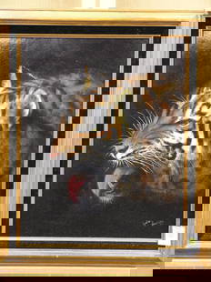 Framed oil, Tiger, Lydia Vercinsky: Framed oil on board, Tiger, by Lydia Vercinsky (Californian/Russian 1918-2001), 24.5''h 21''w