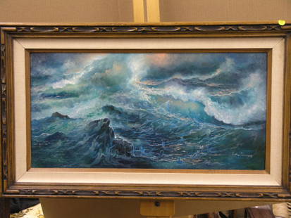 Framed oil, Mermaids: Framed oil on board, Mermaids and Mermen, by Lydia Vercinsky (Californian/Russian 1918-2001), 24.5''h 21''w