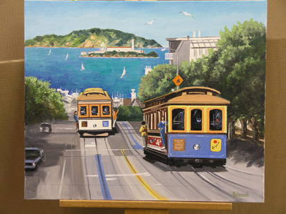 Oil/canvas, Cable Cars, N. Smemovskikh: Unframed oil on canvas, San Francisco Cable Cars signed N. Semovskikh lower right, 20''h x 24''w