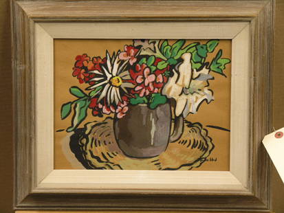 Gouache, Helen Snyder Wood: Framed gouache on paper, Mug of Flowers by Helen Snyder Wood (Californian 20th century), signed lower right