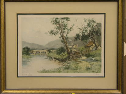 Framed etching, Boud de Sarthe, Levis: "Framed color etching, 'Boud de Sarthe signed Levis lower right, 22''h x 27''w"