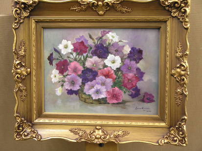 Framed oil, Petunias, Lydia Vercinsky: Framed oil on board, Petunias (1990), by Lydia Vercinsky (Californian/Russian 1918-2001), dated and signed lower right, 18''h x 22.5''w