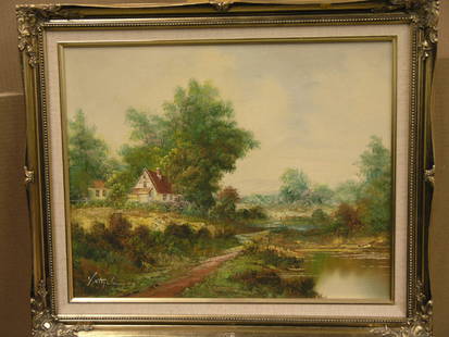 2 framed oils, Country Scenes, Fisher: Two framed oils on canvas, Country Scenes, one signed lower right E. Fisher, the other signed indistinctly lower left [Y. ?] 20''h x 24''w