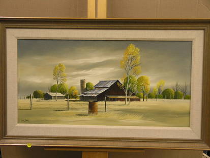 Framed oil, country barn, Gene Speck: Framed oil on canvas of country barn scene signed Gene Speck lower left