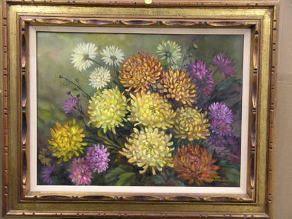 Framed oil, Chrysanthemums, Lydia Vercinsky: Framed oil on masonite, Chrysanthemums, by Lydia Vercinsky (Californian/Russian 1918-2002), approximately 18'' x 24''