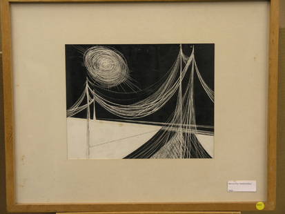 Framed ink & acrylic, Sun and Bridge: Framed ink and acrylic on board, Sun and Bridge, 20''H x 25''W