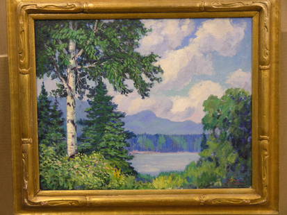 Framed oil, Lake Scene, Frank Skinner: Framed oil on board, Lake Scene with Birch Trees, by Frank W. Skinner (American 1878-), signed lower right, 21''h x 24.5''w