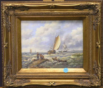 Impressionistic Lake Scene and Ships: Two framed oils on board; Impressionistic Lake Scene, and Ships