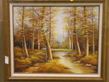 Framed oil, Stream & Trees, Cantrell: Framed oil on canvas, Stream and Trees, signed Cantrell lower left