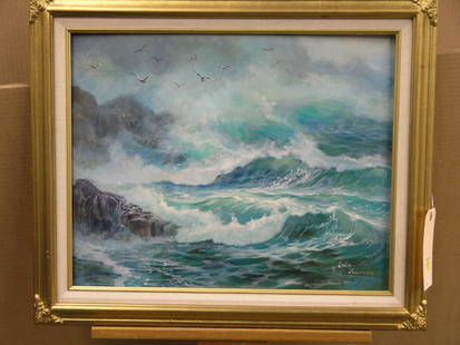 Framed oil, Waves, Lydia Vercinsky: Framed oil on board, Crashing Waves, by Lydia Vercinsky (Californian/Russian 1918-2001), signed lower right, 20''h x 24''w