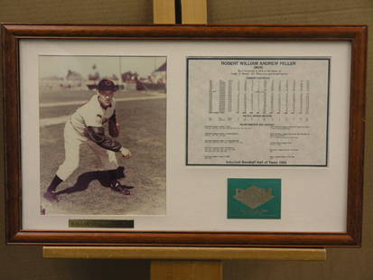 Framed memorabilia, Feller, Hall of Fame: Framed baseball memorabilia, Robert William Andrew Feller, Hall of Fame Collection 13''h x 22''w