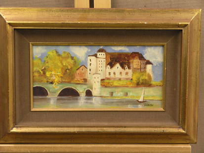 Framed oil, Water & Bridge, Slaven: Framed oil on board, Water Under the Bridge, signed Slaven lower right, approx. 13''h x 19''w