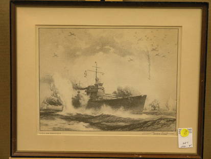 Lithographs and a b/w photograph, ships: (lot of 5) Four framed offset lithographs of battleships, including one after Gordon Grant; one black/white photograph