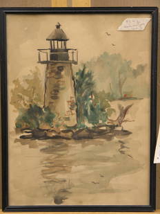 Oil painting & watercolor, landscapes: (lot of 2) Framed oil on canvasboard, Essex (1939), dated and signed J.F. Parke on reverse; Framed watercolor, Lighthouse (1949), dated and signed Gabynowicz lower right, image: approx. 16''H x