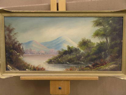 Framed oil, landscape,: Framed oil on board, panoramic mountain landscape, late 19th-early 20th century, 16''H x 28''W