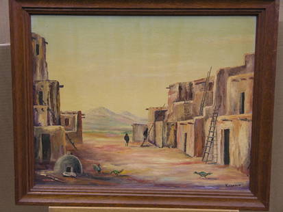 Framed oil, Mexican Village, Kinnamon: Framed oil on board, Mexican Village, signed Kinnamon lower right