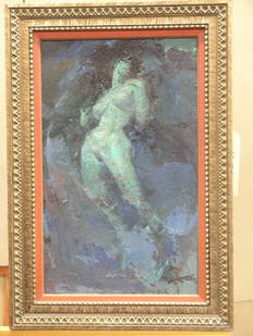 Framed oil, Adam & Eve, D. Parham: Framed oil on canvasboard, Two Nudes signed D. Parham lower right, 1977, 22''H x 21''W