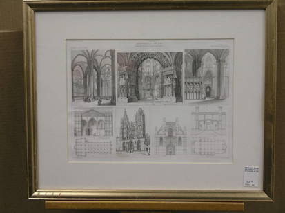 5 engravings, Church Architecture: Five framed engravings depicting church architecture