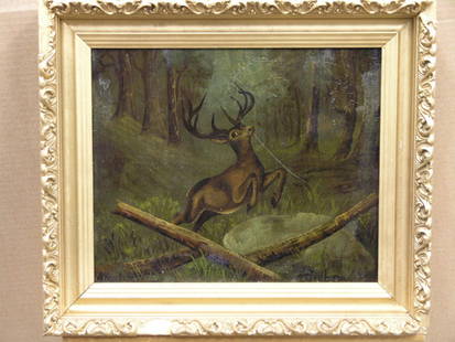 2 Framed oils, Landscape, Stag: (lot of 2) Framed oil on artisboard, depicting a moonlit landscape; and framed oil on canvas mounted to board, depicting a running stag, signed indistinctly lower right [A. Gillham?]