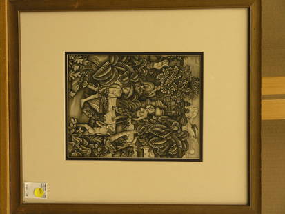 Framed pen/ink wash, Polynesian Life: Framed pen/ink wash, Polynesian Life, 18''H x 16''W