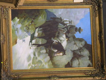 Framed oil, Traveling Cowboys: Large oil on canvas, with gilt wood frame, Traveling Cowboys