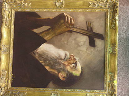 Framed oil, Many Praying at a Cross: Framed oil on canvas, Man Praying at a Cross, signed indistinctly lower right