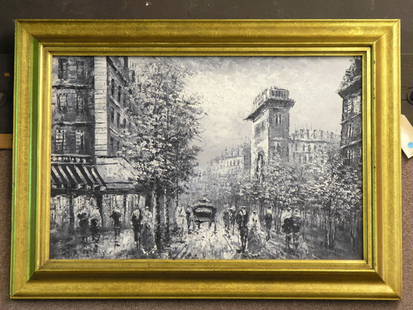 Manner of Blanchard, painting, Paris: Gilt wood framed oil on canvas, Parisian Cityscape, en grisaille, manner of Antoine Blanchard