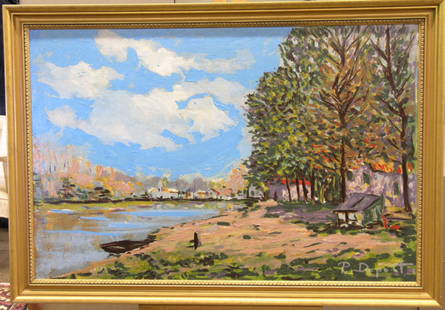Framed acrylic, Village by Lake, Dupont: Framed acrylic on board, ''Village by Lake'' signed P. Dupont lower right, image 24'' x 36'', overall 27.5'' x 39.5''