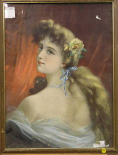 Framed print, Woman, E. Vernon: Framed print, Portrait of a Woman, early 20th century, signed E. Vernon in plate lower left