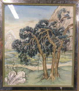Framed ink on silk, Mountain Landscape: Framed ink on silk, Mountain Landscape, 30''H x 26''W