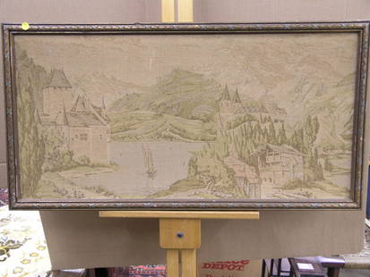 2 tapestries, Swiss Alps & Morocco: Two framed tapestries, depicting Swiss Alps and Moroccan market, 19''H x 38''W