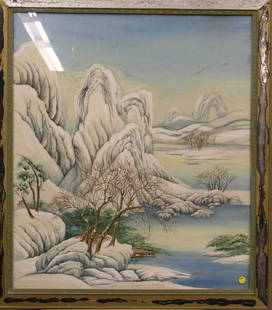 Framed ink, Mountain Landscape: Framed ink on silk, Mountain Landscape, 30''h x 26''w