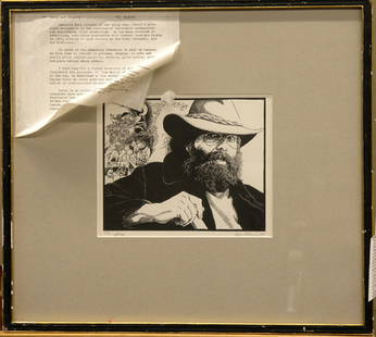 Woodblock print, Leon Gilmour: Framed woodblock print, ''Larry and Imagery'' by Leon Gilmour (American 1907-1996), signed and dated lower right, #4/75, image size approximately 6'' x 7.25''