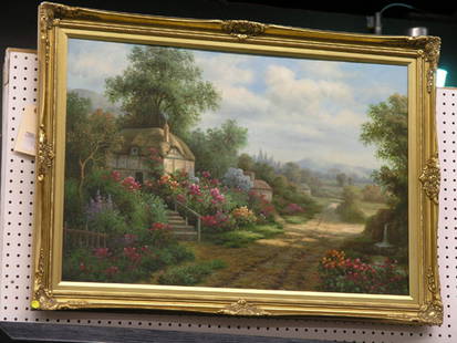 Framed oil, English Cottage: Framed oil on canvas, English Tudor Cottage, 24''H x 36''W
